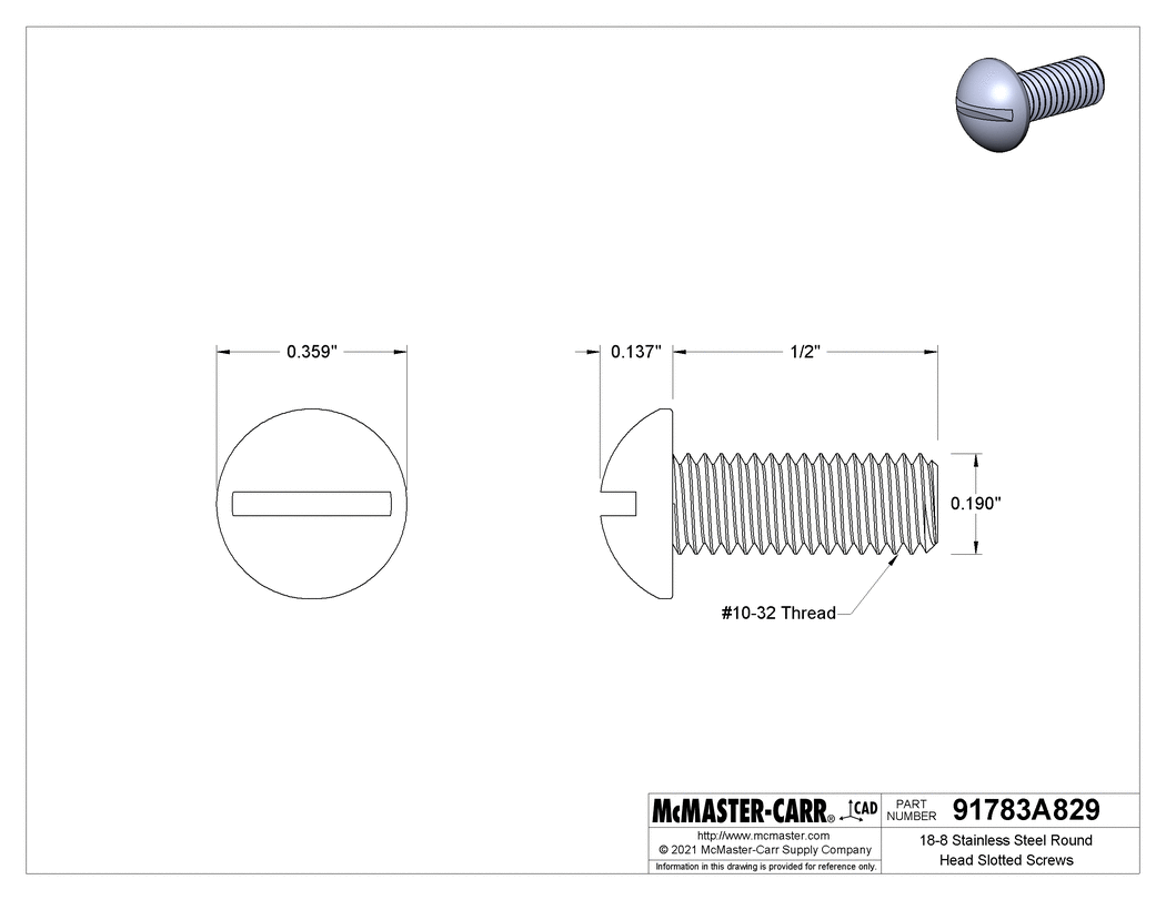 Technical Drawing of 18-8 Stainless Steel Round Head Slotted Screws, Decorative, 10-32 Thread Size, 1/2" Long.